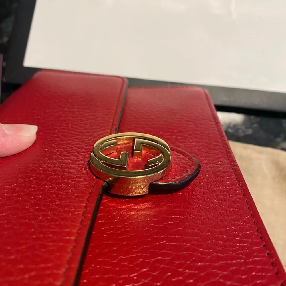 Gucci Red Vintage Wallet On Chain with Gold Tone GG Magnetic Lock Full Inclusion